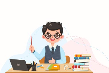 Gülümseyen ve yakışıklı öğretmen, beyaz arka planda dizüstü bilgisayarla okul masasında oturuyor. Öğretmenler Günü, Eğitim Konsepti. Poster, Banner, Flyer, Şablon. Çizgi film tarzında vektör illüstrasyonu