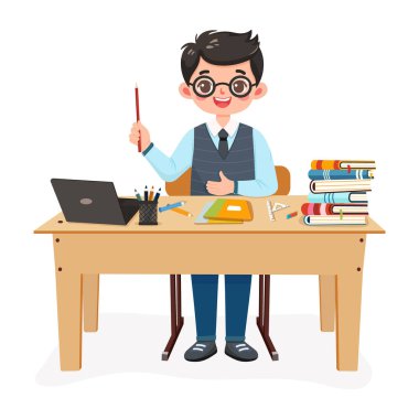 Gülümseyen ve yakışıklı öğretmen, beyaz arka planda dizüstü bilgisayarla okul masasında oturuyor. Öğretmenler Günü, Eğitim Konsepti. Poster, Banner, Flyer, Şablon. Çizgi film tarzında vektör illüstrasyonu