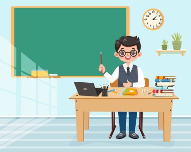 Sınıftaki okul masasında oturan gülümseyen öğretmen. Öğretmenler Günü. Eğitim konsepti için arka plan. Poster, Banner, Flyer, Şablon. Çizgi film tarzında vektör illüstrasyonu