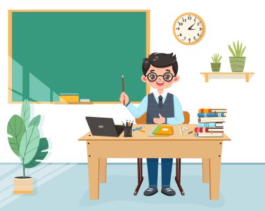 Sınıftaki okul masasında oturan gülümseyen öğretmen. Öğretmenler Günü. Eğitim konsepti için arka plan. Poster, Banner, Flyer, Şablon. Çizgi film tarzında vektör illüstrasyonu