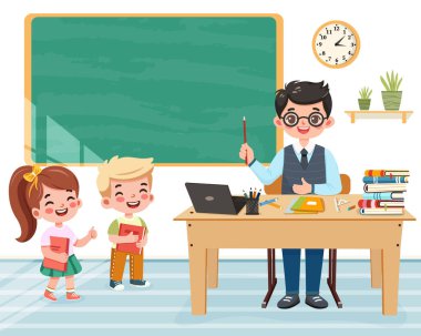 Sınıftaki okul masasında beyaz arka planda çocuklarla oturan öğretmen. Öğretmenler Günü, Eğitim Konsepti. Poster, Banner, Flyer, Şablon. Çizgi film tarzında vektör illüstrasyonu