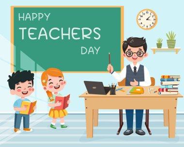 Sınıftaki okul masasında oturan öğretmen ve mavi arka planda çocuklar. Öğretmenler Günü, Eğitim Konsepti. Poster, Banner, Flyer, Şablon. Çizgi film tarzında vektör illüstrasyonu