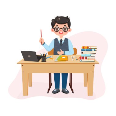 Gülümseyen ve yakışıklı öğretmen, beyaz arka planda dizüstü bilgisayarla okul masasında oturuyor. Öğretmenler Günü, Eğitim Konsepti. Poster, Banner, Flyer, Şablon. Çizgi film tarzında vektör illüstrasyonu