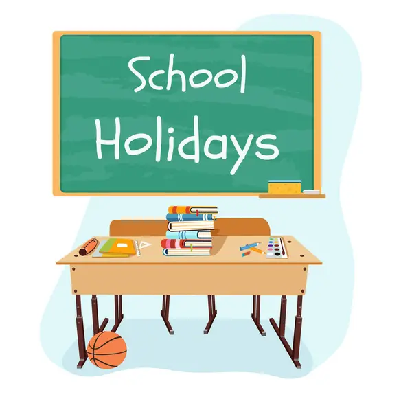 Tahta okul masası, kitaplar, okul malzemeleri ve beyaz arka planda basketbol. Konsept okul tatilleri. Çizgi film tarzında vektör illüstrasyonu
