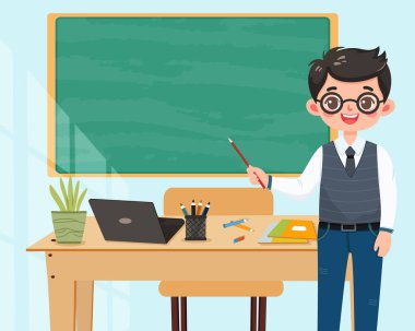 Gülümseyen öğretmen beyaz arka planda sınıftaki masanın önünde duruyor. Öğretmenler Günü, Eğitim Konsepti. Poster, Banner, Flyer, Şablon. Çizgi film tarzında vektör illüstrasyonu