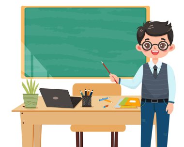 Gülümseyen öğretmen beyaz arka planda sınıftaki masanın önünde duruyor. Öğretmenler Günü, Eğitim Konsepti. Poster, Banner, Flyer, Şablon. Çizgi film tarzında vektör illüstrasyonu