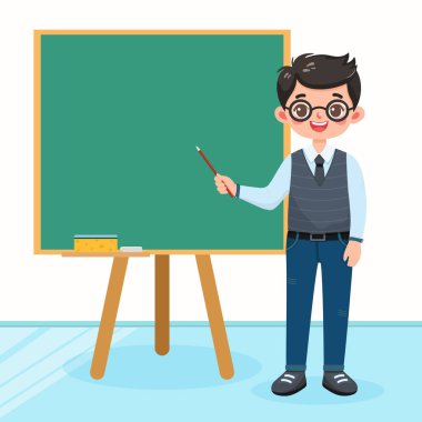 Gülümseyen öğretmen beyaz arka planda sınıftaki masanın önünde duruyor. Öğretmenler Günü, Eğitim Konsepti. Poster, Banner, Flyer, Şablon. Çizgi film tarzında vektör illüstrasyonu