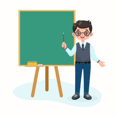 Gülümseyen öğretmen beyaz arka planda sınıftaki masanın önünde duruyor. Öğretmenler Günü, Eğitim Konsepti. Poster, Banner, Flyer, Şablon. Çizgi film tarzında vektör illüstrasyonu