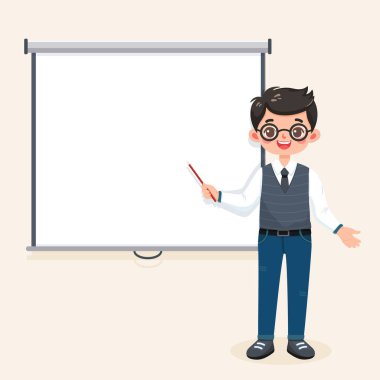 Ofis çalışanı öğretmen ışıklı arka planda interaktif beyaz tahtanın önünde duruyor. Eğitim konsepti karakteri. Poster, afiş, şablon. Çizgi film tarzında vektör illüstrasyonu