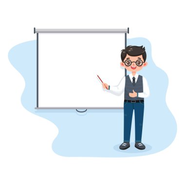 Beyaz arka planda interaktif beyaz tahtanın önünde işaretçi ile duran ofis çalışanı öğretmen. Eğitim konsepti karakteri. Poster, afiş, şablon. Çizgi film tarzında vektör illüstrasyonu