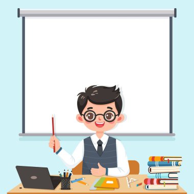 İşletme hocası elinde kalemle ofis odasında interaktif beyaz tahtanın önünde oturuyor. Eğitim konsepti için arka plan. Poster, afiş, şablon. Çizgi film tarzında vektör illüstrasyonu