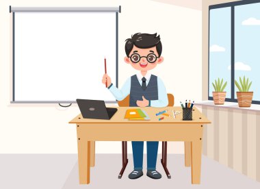 İşletme hocası elinde kalemle ofis odasında interaktif beyaz tahtanın önünde oturuyor. Eğitim konsepti için arka plan. Poster, afiş, şablon. Çizgi film tarzında vektör illüstrasyonu