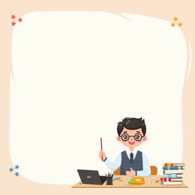 Gülümseyen ve sevimli öğretmen, arka planda dizüstü bilgisayarla okul masasında oturuyor. Öğretmenler Günü, Eğitim Konsepti. Poster, Banner, Flyer, Şablon. Çizgi film tarzında vektör illüstrasyonu