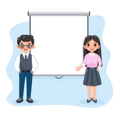 Ofisteki gülümseyen erkek ve kadın sıradan kıyafetler beyaz arka planda etkileşimli beyaz tahtanın önünde duruyor. Eğitim konsepti. Poster, afiş. Düz biçimli vektör illüstrasyonu