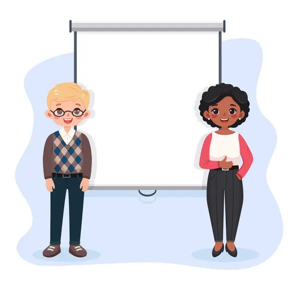 Ofiste gülümseyen çok uluslu kadın ve erkek günlük giysiler beyaz arka planda etkileşimli beyaz tahtanın önünde duruyor. Eğitim konsepti. Poster, afiş. Düz biçimli vektör illüstrasyonu