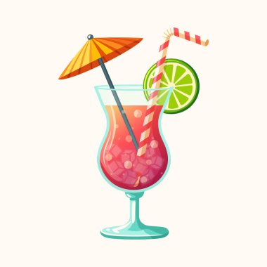 Beyaz arka planda saman, şemsiye, limon ve buzlu bir bardak kırmızı sarı kokteyl. Yaz zamanı konsepti. Poster, Banner, Flyer, tebrik kartı. Çizgi film tarzında vektör illüstrasyonu
