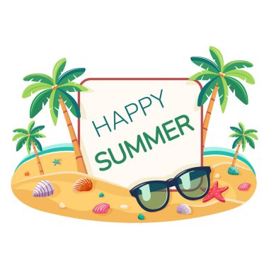 Deniz kabukları ve güneş gözlükleriyle dolu bir adada hindistan cevizi palmiyeleri olan metin şablonu. Beyaz arka planda yaz konsepti. Poster, Banner, Flyer, tebrik kartı. Düz biçimli vektör illüstrasyonu