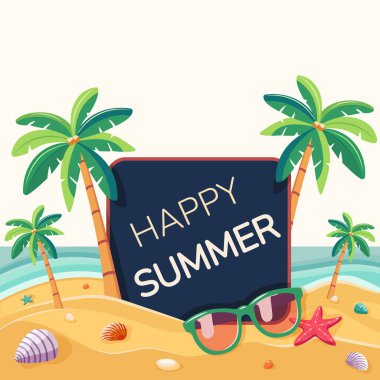 Deniz kıyısında deniz kabukları ve güneş gözlükleriyle hindistan cevizi palmiyesi ağaçlarıyla yazılmış bir şablon. Beyaz arka planda yaz konsepti. Poster, Banner, Flyer, tebrik kartı. Düz biçimli vektör illüstrasyonu