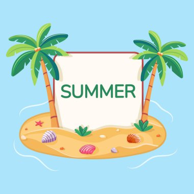 Deniz kabukları olan bir adada hindistan cevizi palmiyeleri olan metin şablonu. Mavi arka planda yaz konsepti. Poster, Banner, Flyer, tebrik kartı, ikon. Düz biçimli vektör illüstrasyonu