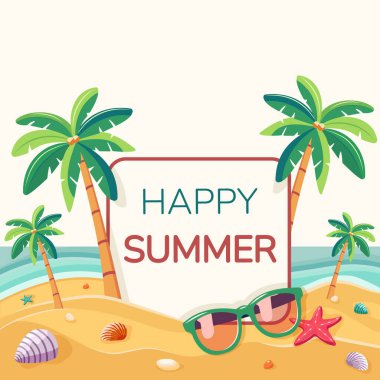 Deniz kıyısında deniz kabukları ve güneş gözlükleriyle hindistan cevizi palmiyesi ağaçlarıyla yazılmış bir şablon. Beyaz arka planda yaz konsepti. Poster, Banner, Flyer, tebrik kartı. Düz biçimli vektör illüstrasyonu