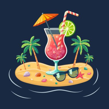 Sahilde saman, şemsiye ve limonlu renkli bir kokteyl. Arka planda palmiye ağaçları var. Merhaba Yaz konsepti. Poster, Banner, Flyer, tebrik kartı. Çizgi film tarzında vektör illüstrasyonu