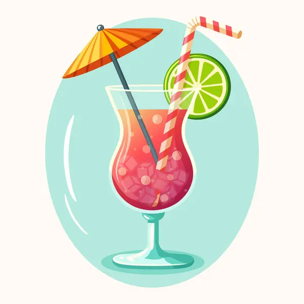 Beyaz arka planda saman, şemsiye, limon ve buzlu bir bardak kırmızı sarı kokteyl. Yaz zamanı konsepti. Poster, Banner, Flyer, tebrik kartı. Çizgi film tarzında vektör illüstrasyonu