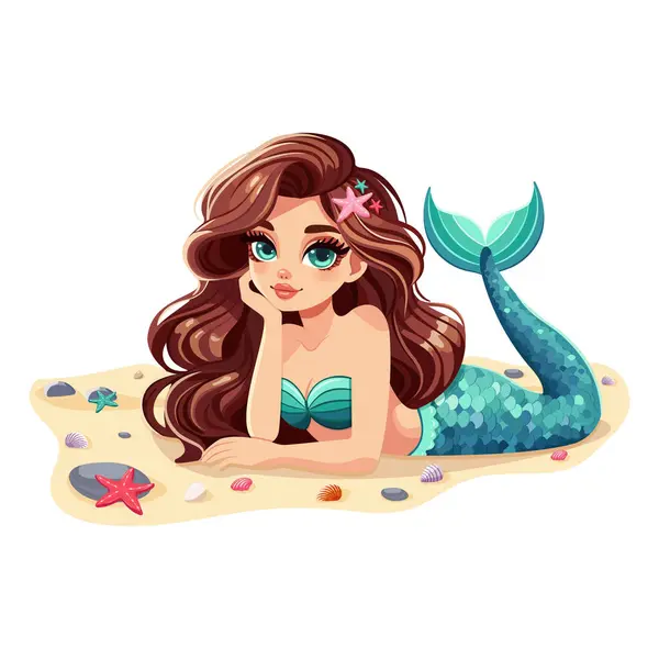 Güzel gözlü, deniz kızı beyaz arka planda deniz kabukları ve çakıl taşlarıyla kumsalda yatıyor. Çizgi film tarzında vektör illüstrasyonu