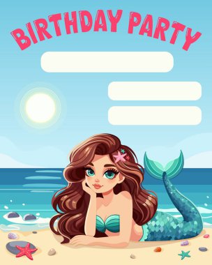 Deniz kızı olan bir doğum günü partisi daveti deniz kabukları ve çakıl taşlarıyla sahilde yatar. Çizgi film tarzında vektör illüstrasyonu
