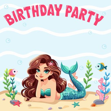 Deniz bitkileriyle kumlara uzanan ve mavi arka planda balıklar olan güzel bir denizkızının doğum günü davetiyesi. Çizgi film tarzında vektör illüstrasyonu