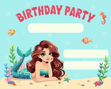 Deniz bitkileriyle kumlara uzanan ve mavi arka planda balıklar olan güzel bir denizkızının doğum günü davetiyesi. Çizgi film tarzında vektör illüstrasyonu