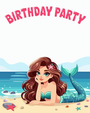 Deniz kızının olduğu bir doğum günü partisi davetiyesi beyaz arka planda deniz kabukları ve çakıl taşlarıyla plajda yatar. Çizgi film tarzında vektör illüstrasyonu