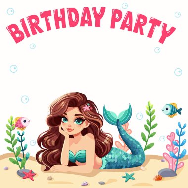 Deniz bitkileriyle kumlara uzanan ve beyaz arka planda balıklar olan güzel bir denizkızının doğum günü davetiyesi. Çizgi film tarzında vektör illüstrasyonu