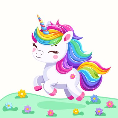 Beyaz arka planda güzel parlak renkli saçlı, çiçekli çok tatlı bir bebek tek boynuzlu at. Poster, afiş, el ilanı, tebrik kartı. Çizgi film tarzında vektör illüstrasyonu