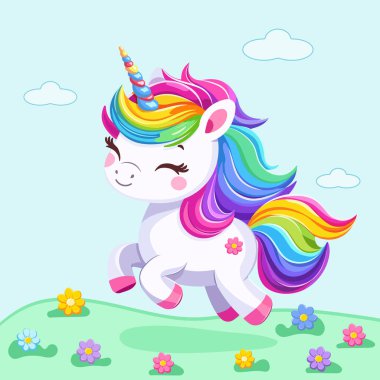 Çok şirin bir bebek tek boynuzlu at. Mavi arka planda güzel, parlak saçlı, çiçekli. Poster, afiş, el ilanı, tebrik kartı. Çizgi film tarzında vektör illüstrasyonu