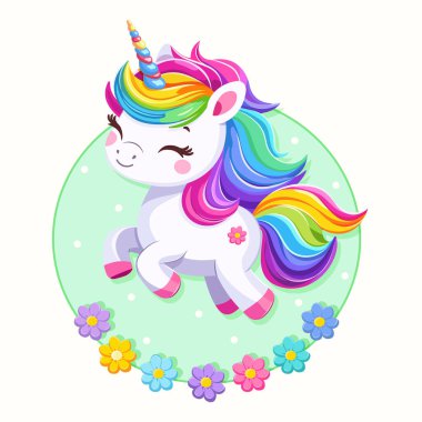 Beyaz arka planda güzel parlak renkli saçlı, çiçekli çok tatlı bir bebek tek boynuzlu at. Poster, afiş, el ilanı, tebrik kartı. Çizgi film tarzında vektör illüstrasyonu