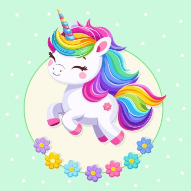 Çok şirin bir bebek tek boynuzlu at. Çiçekli yeşil arka planda güzel parlak renkli saçları var. Poster, afiş, el ilanı, tebrik kartı. Çizgi film tarzında vektör illüstrasyonu