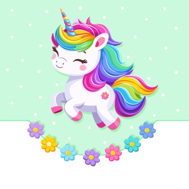 Beyaz arka planda güzel parlak renkli saçlı, çiçekli çok tatlı bir bebek tek boynuzlu at. Poster, afiş, el ilanı, tebrik kartı. Çizgi film tarzında vektör illüstrasyonu