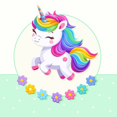 Beyaz arka planda güzel parlak renkli saçlı, çiçekli çok tatlı bir bebek tek boynuzlu at. Poster, afiş, el ilanı, tebrik kartı. Çizgi film tarzında vektör illüstrasyonu