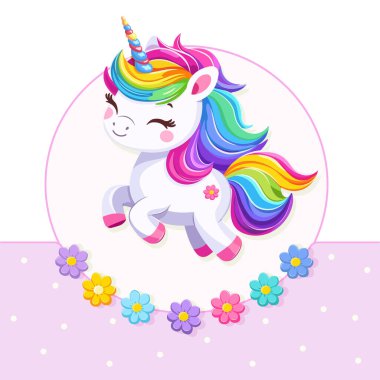 Beyaz arka planda güzel parlak renkli saçlı, çiçekli çok tatlı bir bebek tek boynuzlu at. Poster, afiş, el ilanı, tebrik kartı. Çizgi film tarzında vektör illüstrasyonu