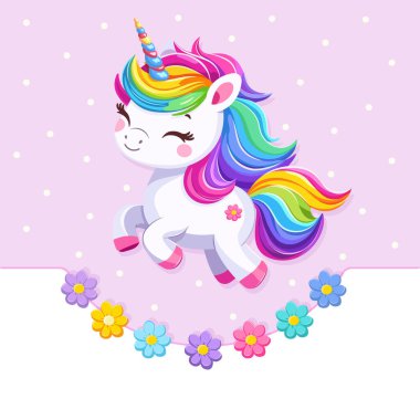 Beyaz arka planda güzel parlak renkli saçlı, çiçekli çok tatlı bir bebek tek boynuzlu at. Poster, afiş, el ilanı, tebrik kartı. Çizgi film tarzında vektör illüstrasyonu