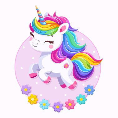 Beyaz arka planda güzel parlak renkli saçlı, çiçekli çok tatlı bir bebek tek boynuzlu at. Poster, afiş, el ilanı, tebrik kartı. Çizgi film tarzında vektör illüstrasyonu