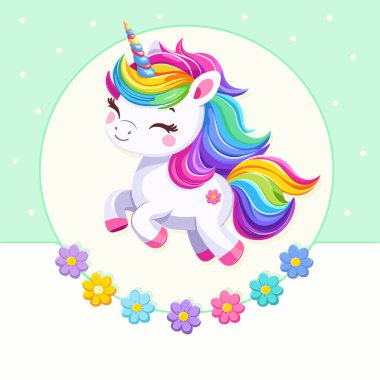 Beyaz arka planda güzel parlak renkli saçlı, çiçekli çok tatlı bir bebek tek boynuzlu at. Poster, afiş, el ilanı, tebrik kartı. Çizgi film tarzında vektör illüstrasyonu