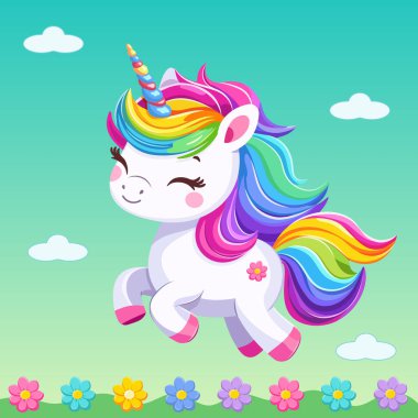 Beyaz arka planda güzel parlak renkli saçlı, çiçekli çok tatlı bir bebek tek boynuzlu at. Poster, afiş, el ilanı, tebrik kartı. Çizgi film tarzında vektör illüstrasyonu