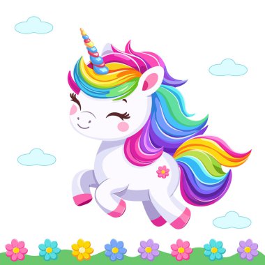 Beyaz arka planda güzel parlak renkli saçlı, çiçekli çok tatlı bir bebek tek boynuzlu at. Poster, afiş, el ilanı, tebrik kartı. Çizgi film tarzında vektör illüstrasyonu