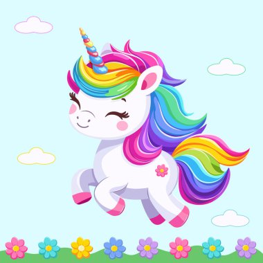 Çok şirin bir bebek tek boynuzlu at. Mavi arka planda güzel, parlak saçlı, çiçekli. Poster, afiş, el ilanı, tebrik kartı. Çizgi film tarzında vektör illüstrasyonu