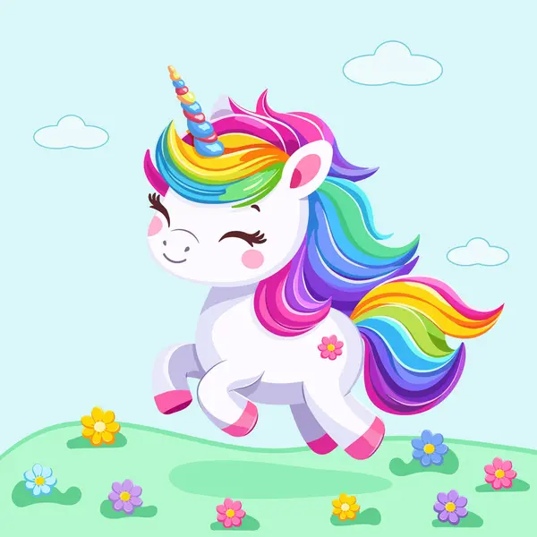 Çok şirin bir bebek tek boynuzlu at. Mavi arka planda güzel, parlak saçlı, çiçekli. Poster, afiş, el ilanı, tebrik kartı. Çizgi film tarzında vektör illüstrasyonu