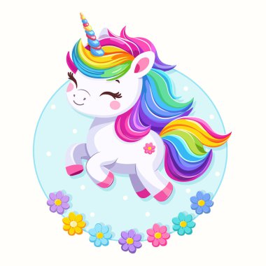 Beyaz arka planda güzel parlak renkli saçlı, çiçekli çok tatlı bir bebek tek boynuzlu at. Poster, afiş, el ilanı, tebrik kartı. Çizgi film tarzında vektör illüstrasyonu