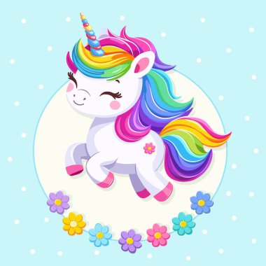 Çok şirin bir bebek tek boynuzlu at. Mavi arka planda güzel, parlak saçlı, çiçekli. Poster, afiş, el ilanı, tebrik kartı. Çizgi film tarzında vektör illüstrasyonu