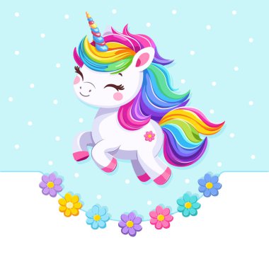 Beyaz arka planda güzel parlak renkli saçlı, çiçekli çok tatlı bir bebek tek boynuzlu at. Poster, afiş, el ilanı, tebrik kartı. Çizgi film tarzında vektör illüstrasyonu
