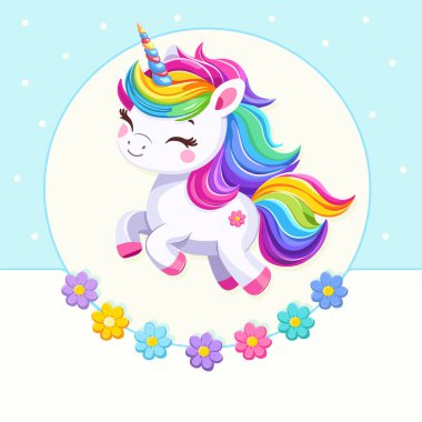 Beyaz arka planda güzel parlak renkli saçlı, çiçekli çok tatlı bir bebek tek boynuzlu at. Poster, afiş, el ilanı, tebrik kartı. Çizgi film tarzında vektör illüstrasyonu